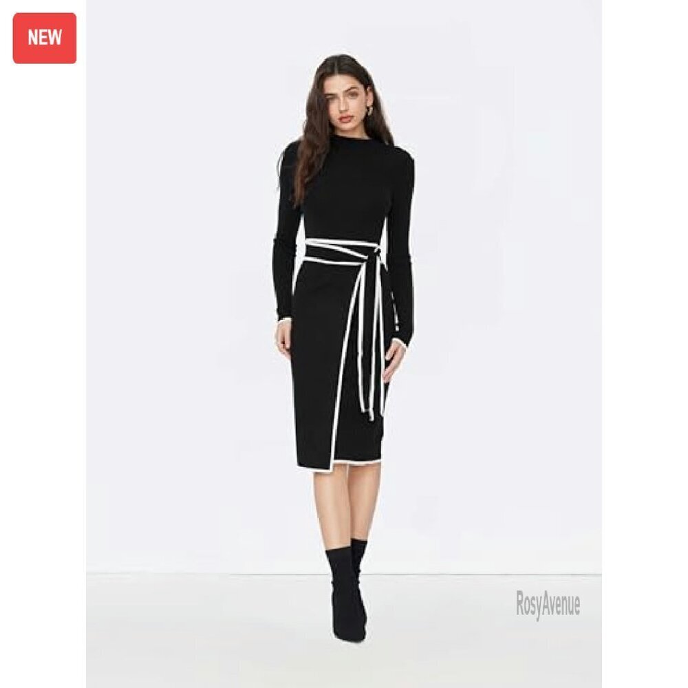 Long Sleeve Mock Turtleneck Sweater Dress Midi Work Dress Slim Fit - Picture 4 of 8